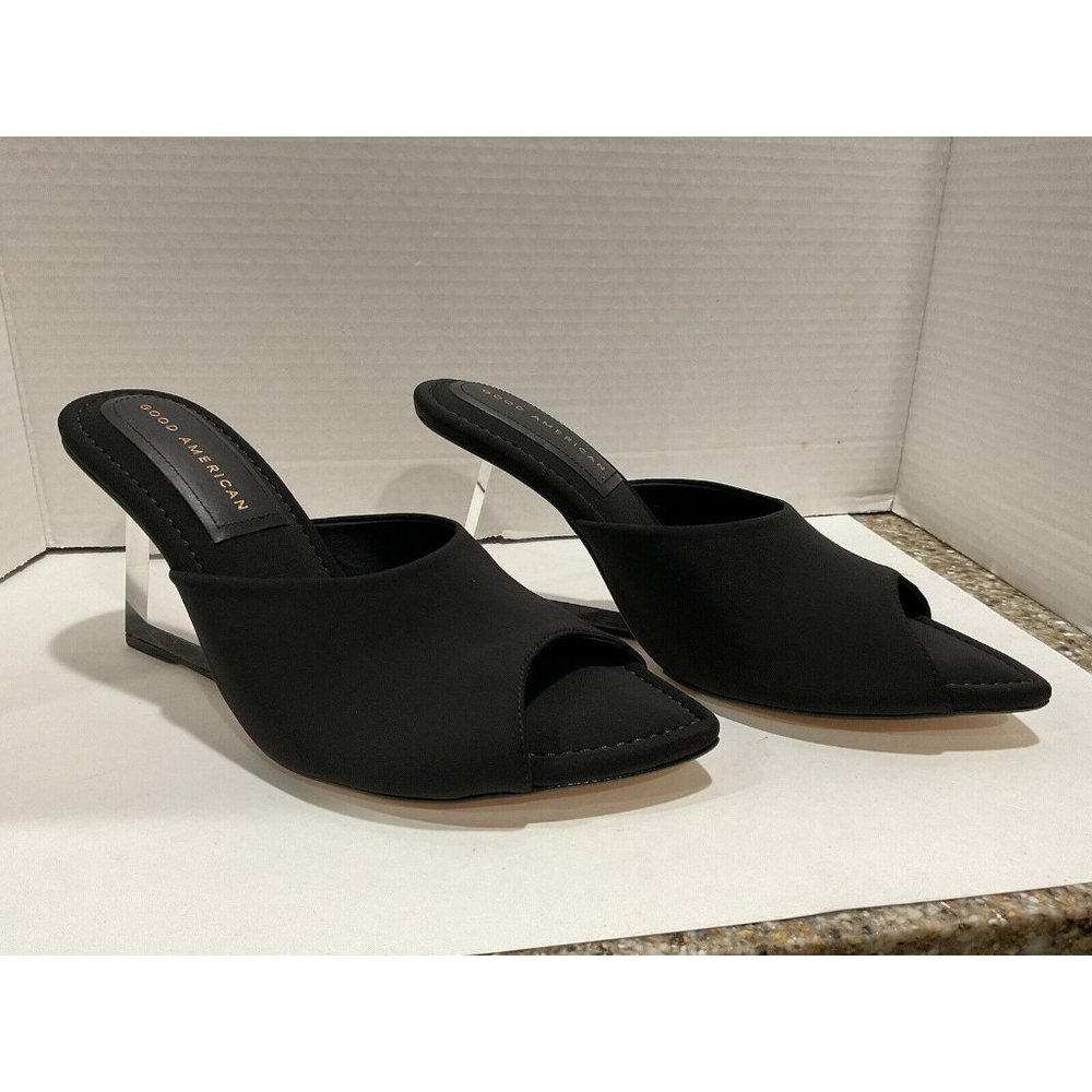 Good American Black Open-Toe Mule Sandals with Clear Heel